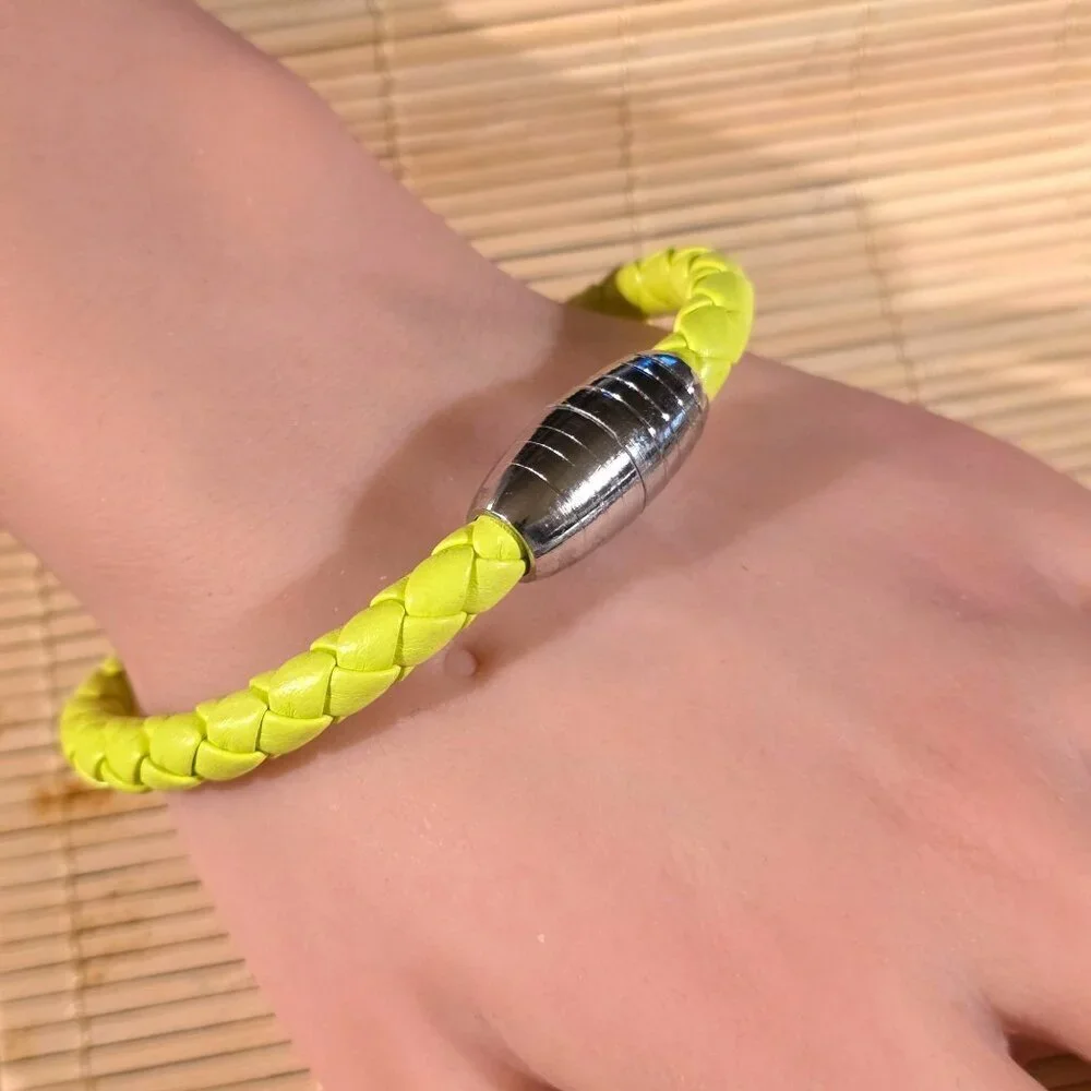 Braided Thick Bright Yellow Vegan Leather Magnetic Clasp Bangle Bracelet